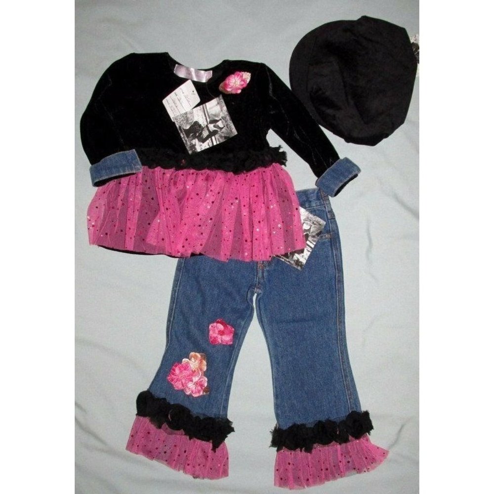 $110 NWT Greggy Girl 3 3T Velvet Hat 3Pc ZEBRALICIOUS Set Jeans Pink Tulle Black